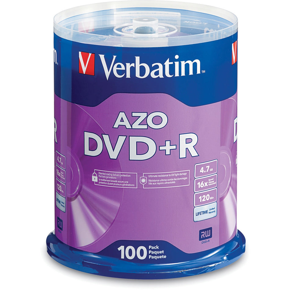 Verbatim 95098 DVD Recordable Media - DVD+R - 16x - 4.70 GB - 100 Pack Spindle - Silver - 95098