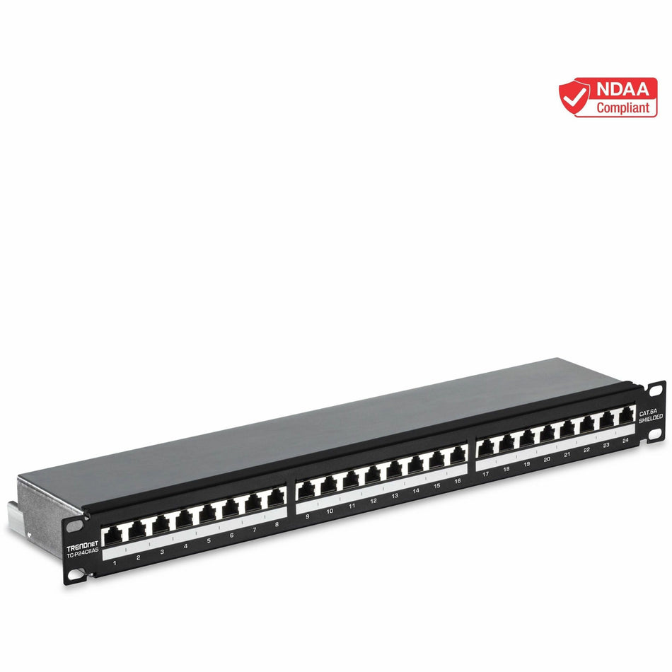 TRENDnet 24-Port Cat6A Shielded Patch Panel, 1U 19" Metal Housing, 10G Ready, Cat5e,Cat6,Cat6A Compatible, Cable Management, Color-Coded Labeling for T568A and T568B Wiring, Black, TC-P24C6AS - TC-P24C6AS