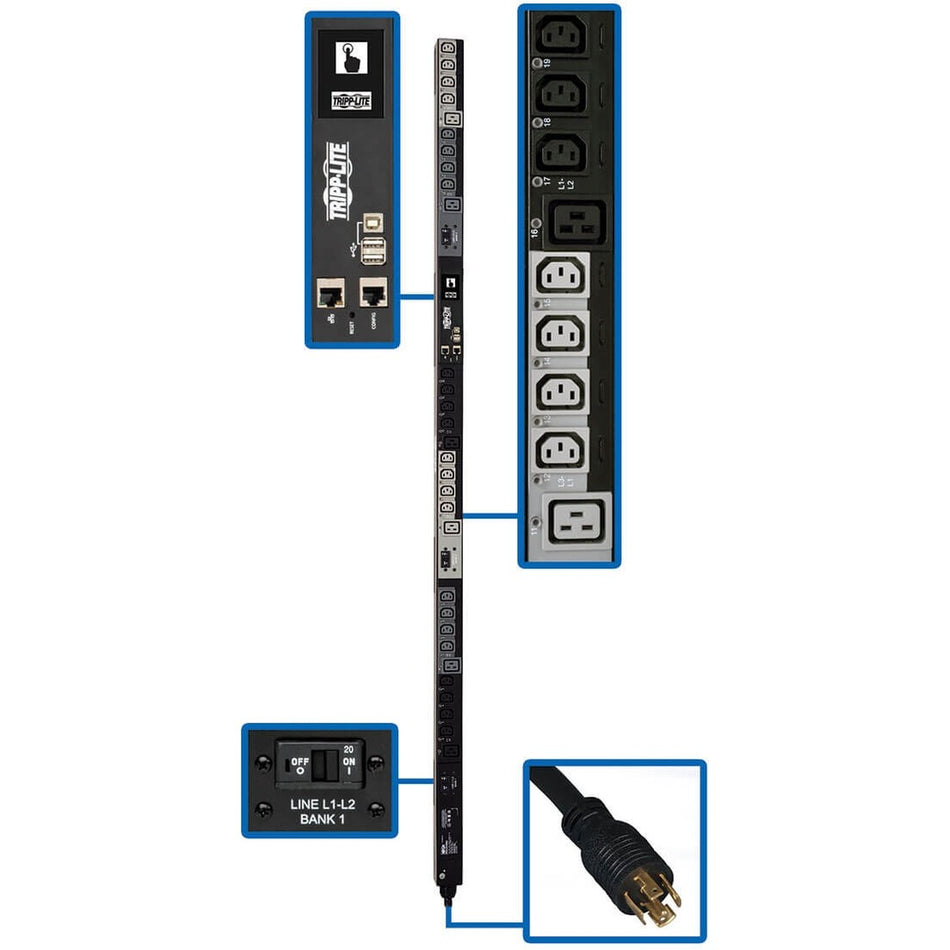 Tripp Lite by Eaton 10kW 200-240V 3PH Switched PDU, LX Interface, Gigabit, 30 Outlets, L21-30P Input, LCD, 1.8 m Cord, 0U 1.8 m Height, TAA - PDU3EVS6L2130