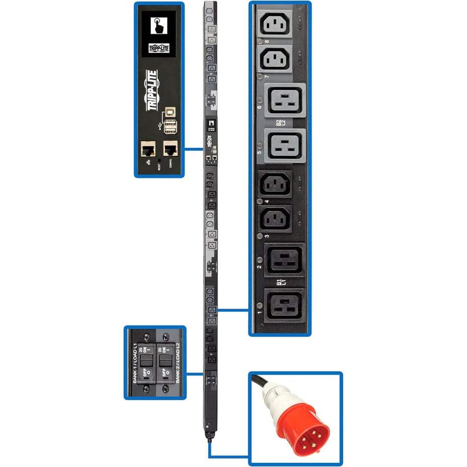 Tripp Lite by Eaton 17.3kW 220-240V 3PH Switched PDU - LX Interface, Gigabit, 24 Outlets, IEC 309 30A Red 380-415V Input, Outlet Monitoring, LCD, 1.8 m Cord, 0U 1.8 m Height, TAA - PDU3XEVSR6G30A