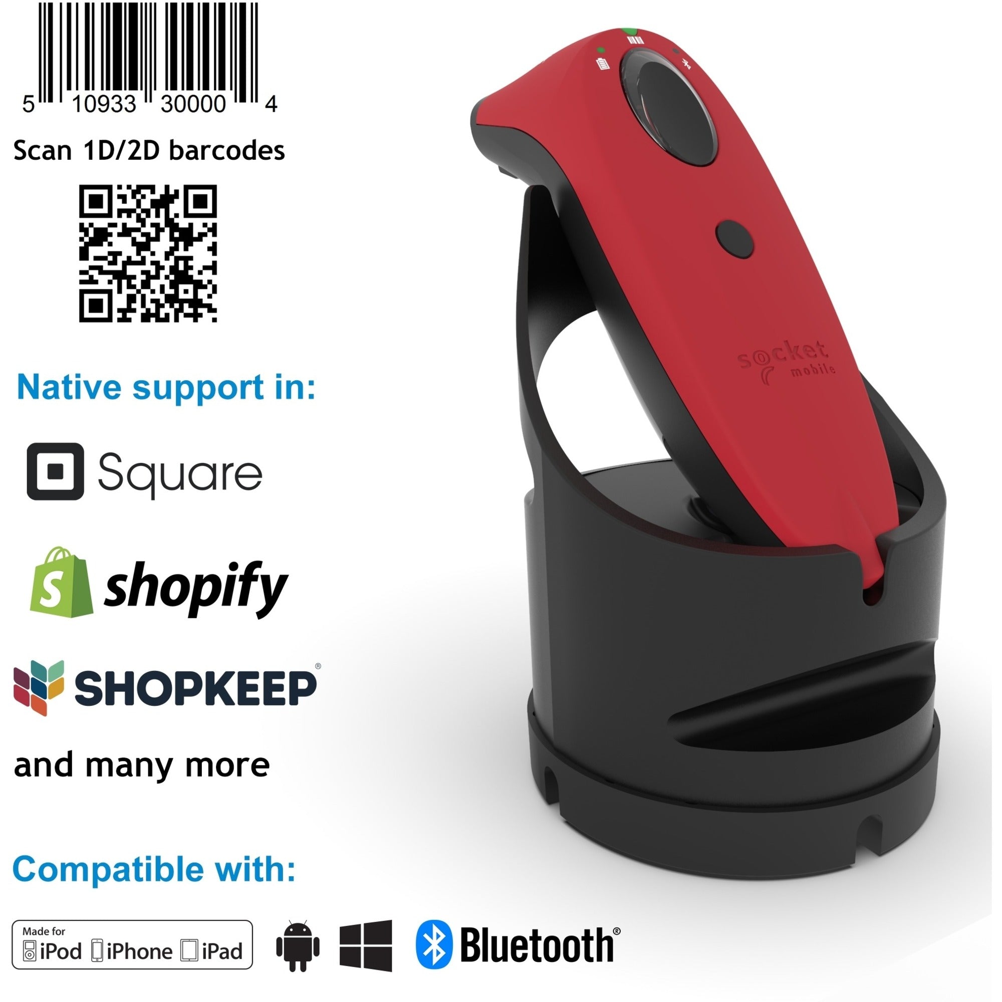 Socket Mobile SocketScan&reg; S740, Universal Barcode Scanner, Red & Black Dock - CX3444-1907