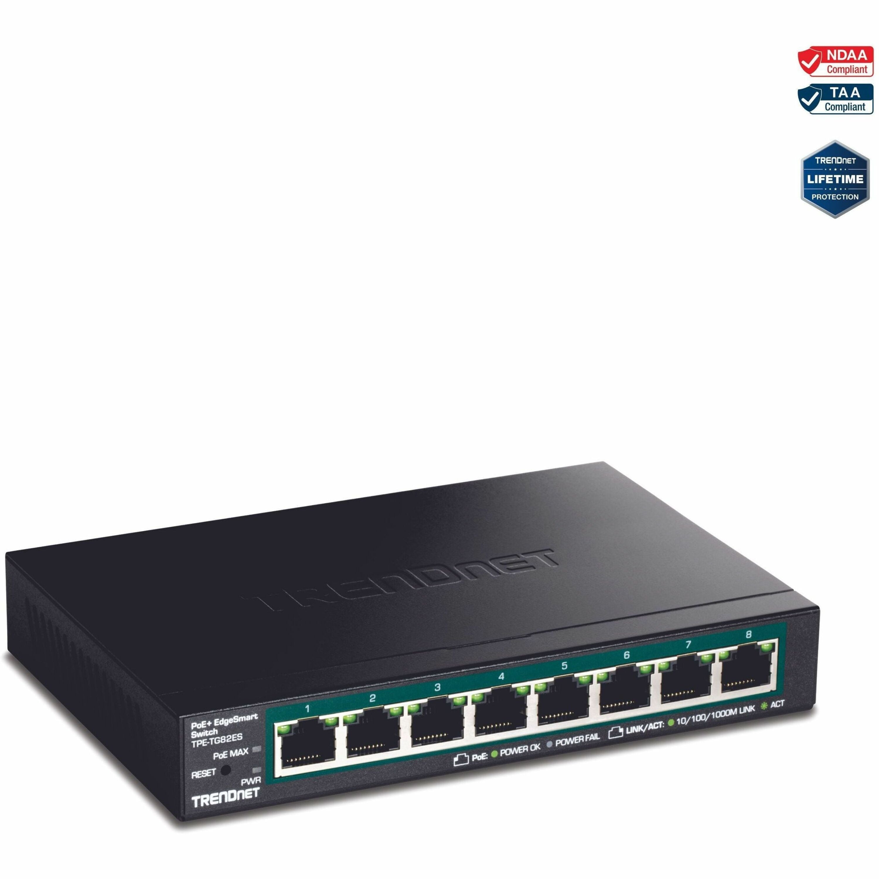 TRENDnet 8-Port Gigabit EdgeSmart PoE+ Switch, 8 x Gigabit PoE+ Ports, 64W PoE Power Budget, Managed PoE+ Switch, Wall Mountable, Desktop Ethernet Switch, Lifetime Protection, Black, TPE-TG82ES - TPE-TG82ES