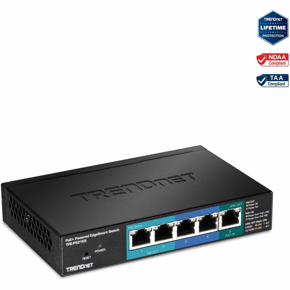 TRENDnet 5-Port Gigabit PoE+ Powered EdgeSmart Switch With PoE Pass Through, 18W PoE Budget, 10Gbps Switching Capacity, Managed Switch, Wall-Mountable, Lifetime Protection, Black, TPE-P521ES - TPE-P521ES