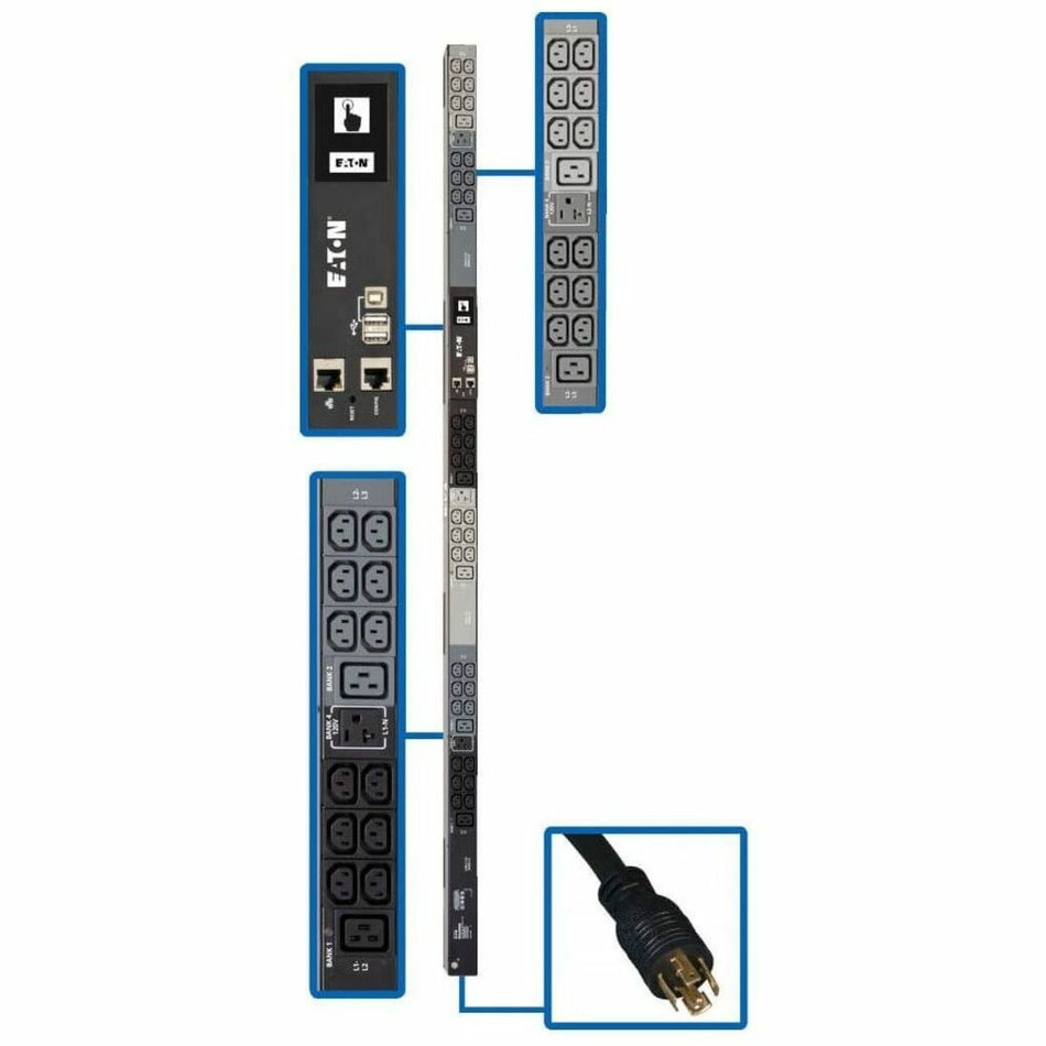 Eaton 5.8kW 208/120V 3PH Monitored PDU - LX Interface, Gigabit, 45 Outlets, L21-20P Input, LCD, 1.8 m Cord, 0U 1.8 m Height, TAA - PDU3EVN6L2120