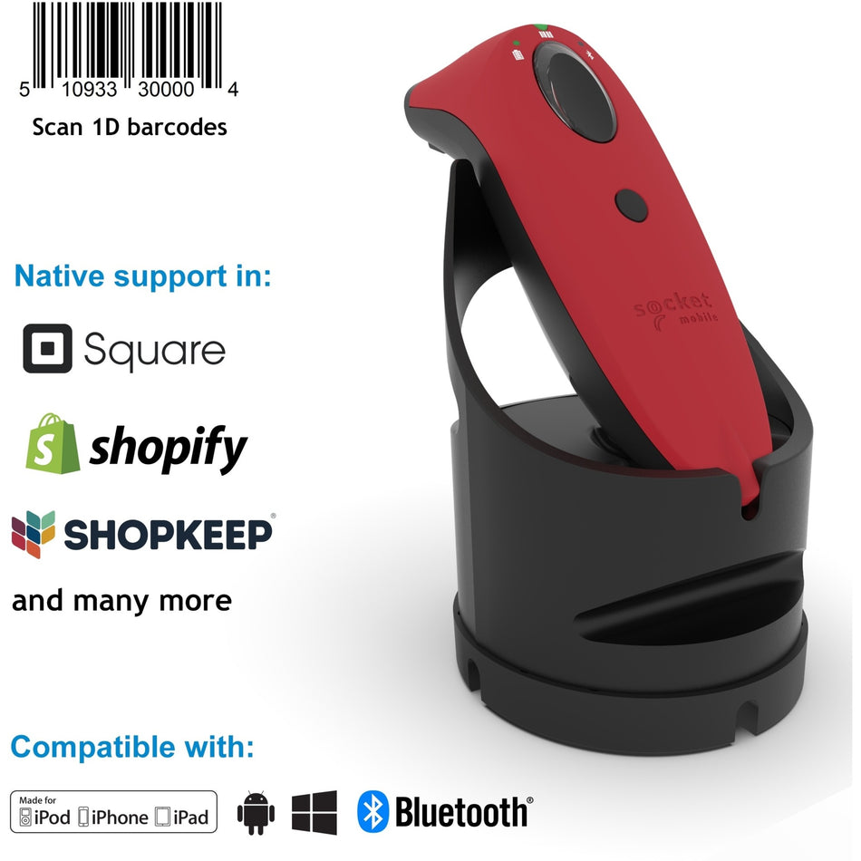 Socket Mobile SocketScan&reg; S730, Laser Barcode Scanner, Red & Black Charging Dock - CX3456-1924