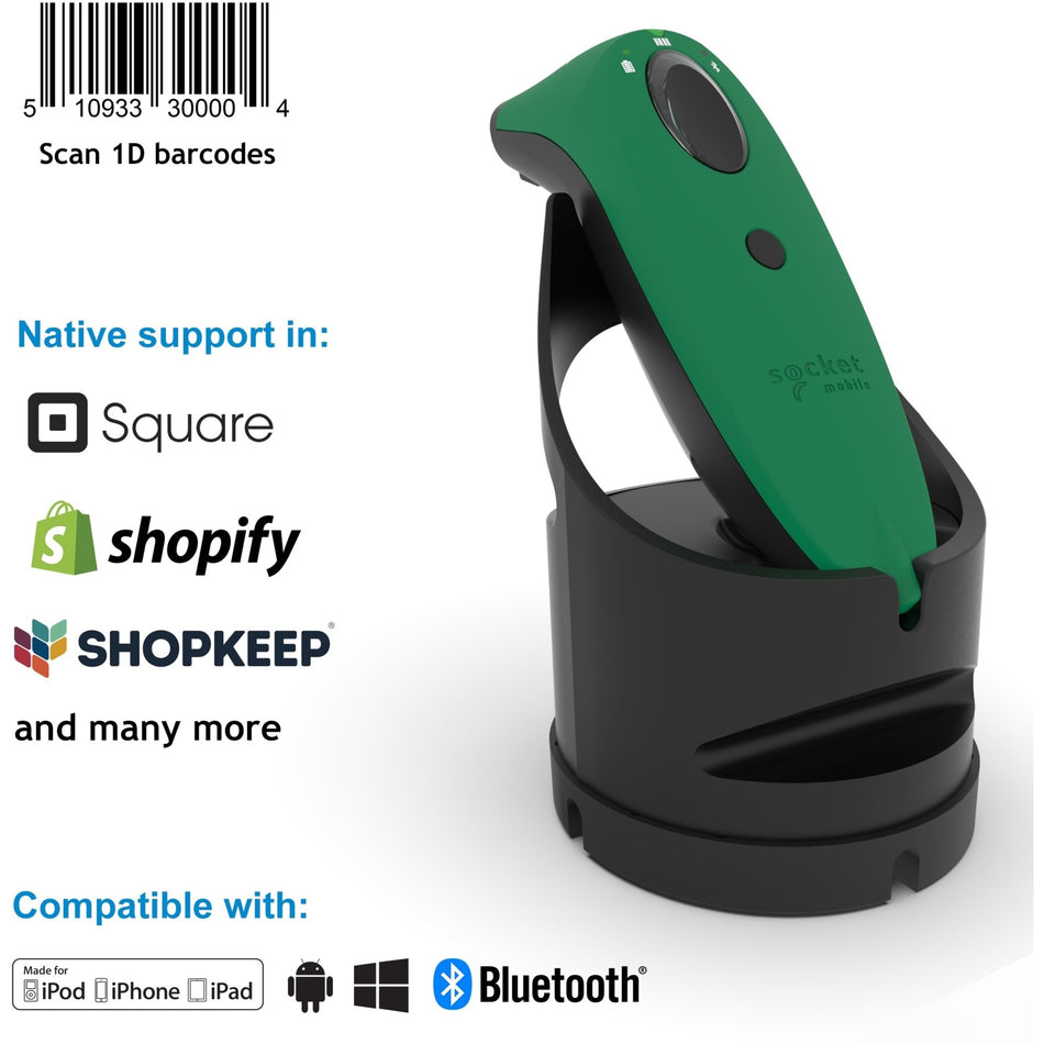 Socket Mobile SocketScan&reg; S730, Laser Barcode Scanner, Green & Black Charging Dock - CX3458-1926