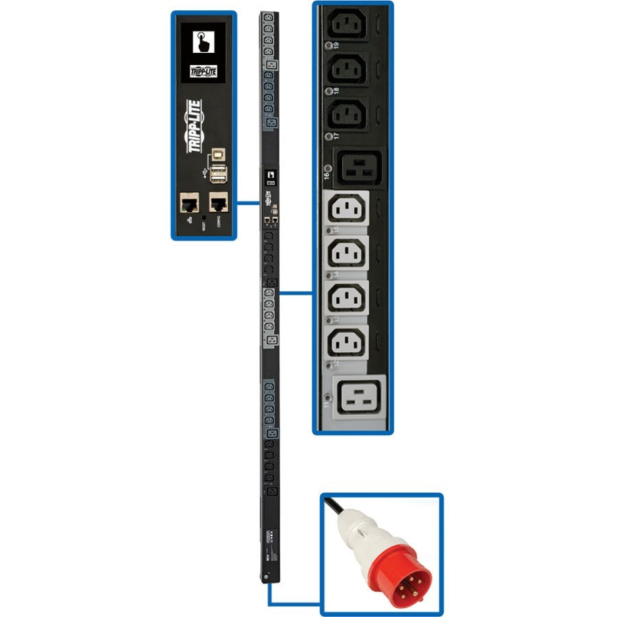 Tripp Lite by Eaton 11.5kW 208-240V 3PH Switched PDU - LX Interface, Gigabit, 30 Outlets, IEC 309 16/20A Red 360-415V Input, Outlet Monitoring, LCD, 1.8 m Cord, 0U 1.8 m Height, TAA - PDU3XEVSR6G20