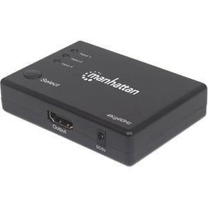Manhattan HDMI Switch 3-Port (Compact), 4K@60Hz, Connects x3 HDMI sources to x1 display, Remote Control and Manual Switching (via button), AC Powered (cable 1.2m), Black, Three Year Warranty, Blister (With Euro 2-pin plug) - 207676