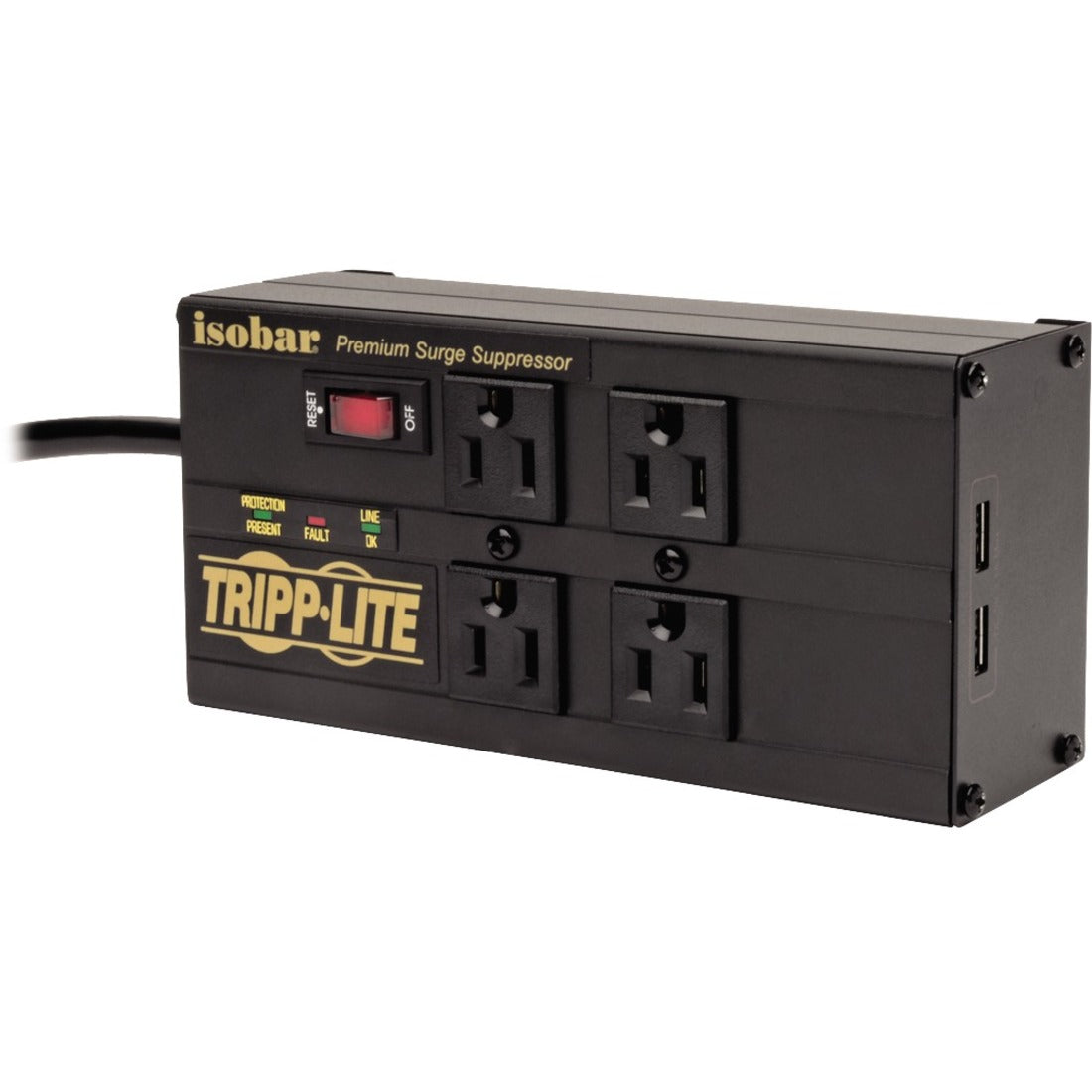 Eaton Tripp Lite Series Isobar 4-Outlet Surge Protector, 8 ft. (2.43 m) Cord, Right-Angle Plug, 3330 Joules, 2 USB Ports, Metal Housing - IBAR4ULTRAUSBB