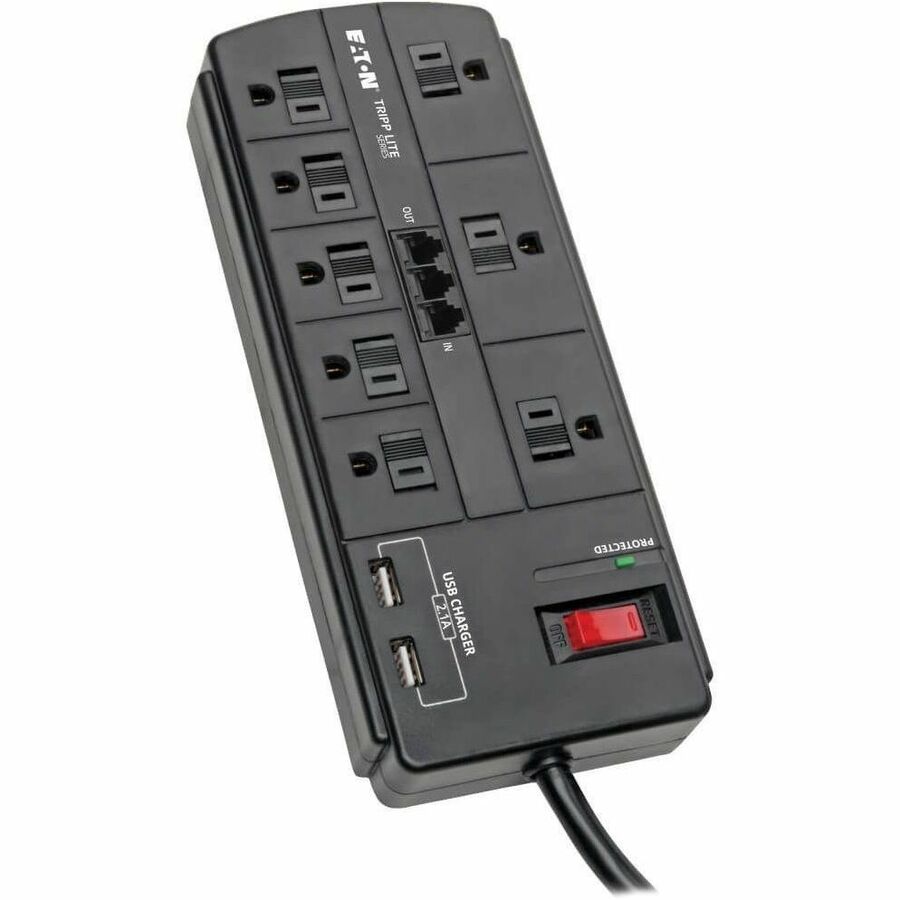 Eaton Tripp Lite Series 8-Outlet Surge Protector with 2 USB Ports (2.1A Shared) - 8 ft. (2.43 m) Cord, 1200 Joules, Tel/Modem, Black - TLP88TUSBB