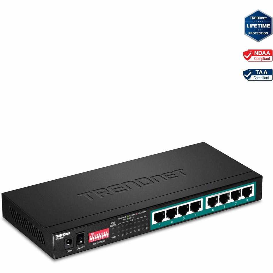 TRENDnet 8-Port Gigabit Long Range Poe+ Switch; TPE-LG80;65W Poe Budget; Ethernet/Network Switch; Long-Range Poe+ Extends Range Up to 200M (656 ft.); 16 Gbps Switching Capacity; Lifetime Protection - TPE-LG80