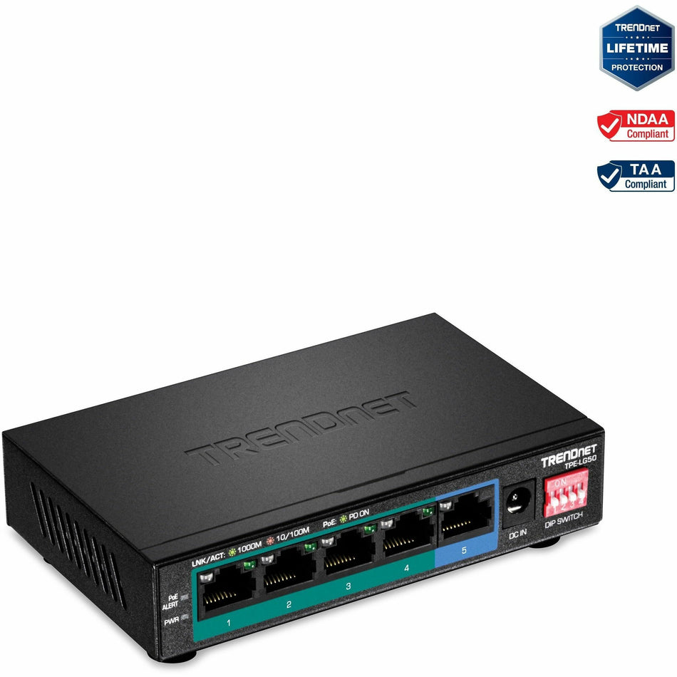 TRENDnet 5-Port Gigabit Long Range PoE+ Switch, 4 x Gigabit PoE+ Ports, 1 x Gigabit Port, 32W PoE Budget, 10Gbps Switching Capacity, Extends PoE+ 200m (656 ft), Lifetime Protection, Black, TPE-LG50 - TPE-LG50