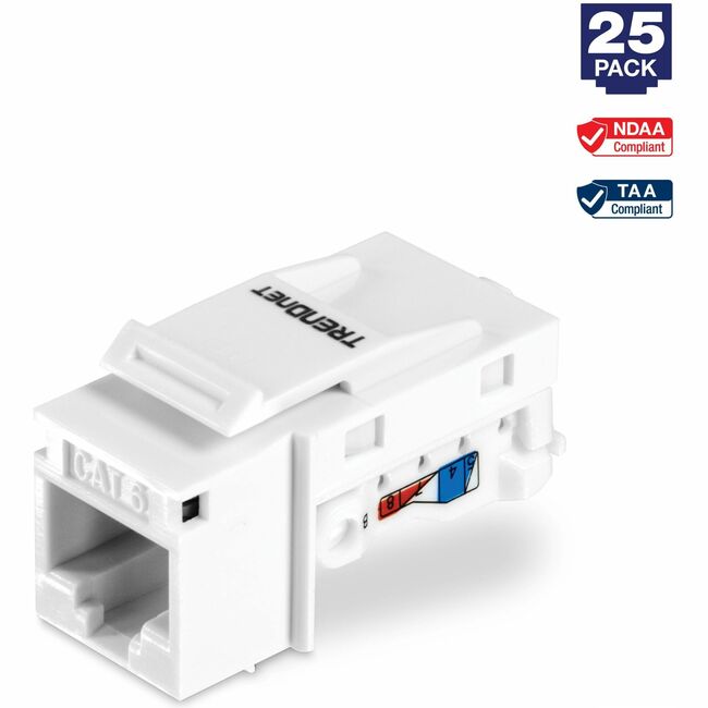 TRENDnet Cat6 Keystone Jack, 25-Pack Bundle, 90&deg; Angle Termination, Compatible With Cat5, Cat5e, Cat6 Cabling, Color-Coded Labeling, Gold-Plated Contacts, Tool-less Design, White, TC-K25C6 - TC-K25C6