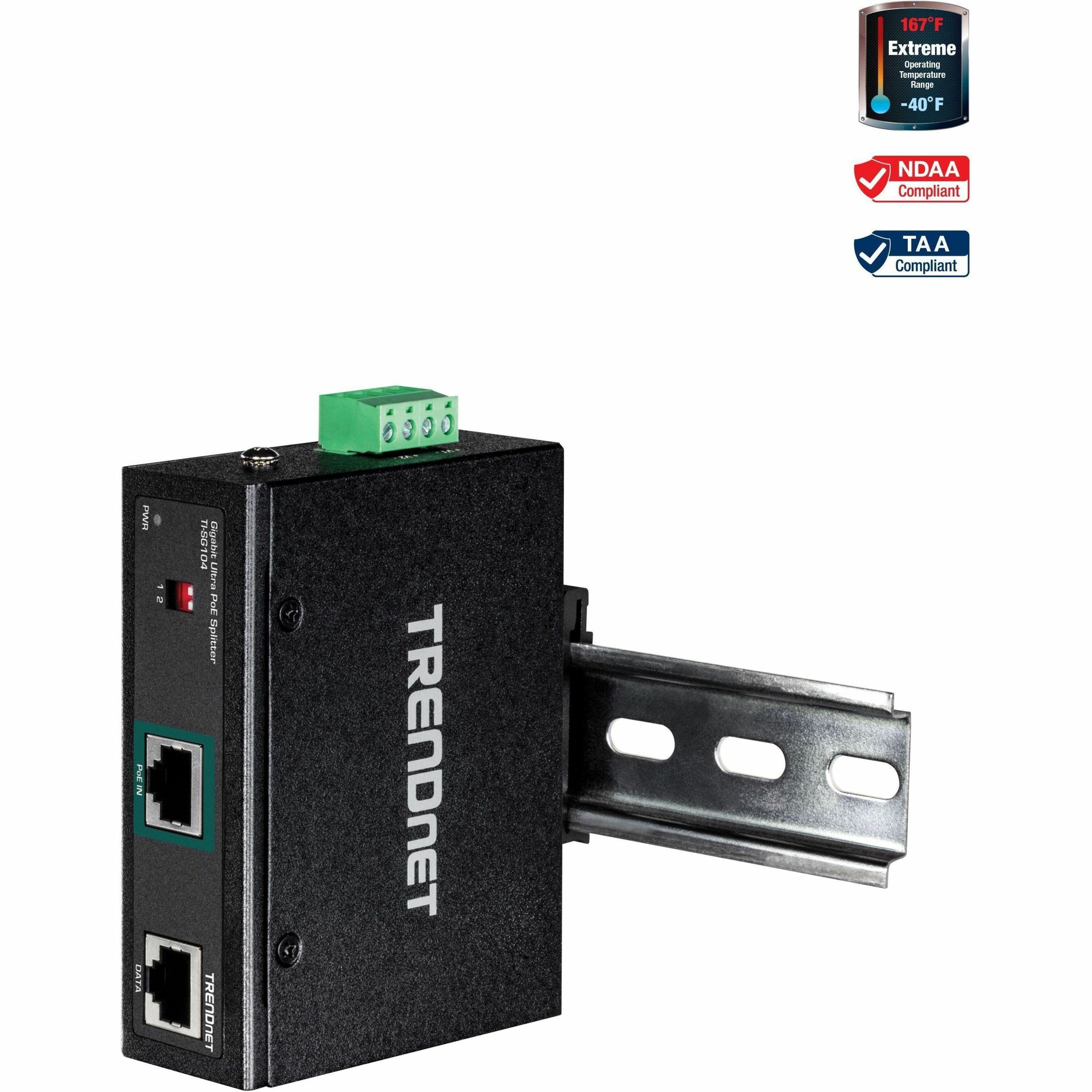 TRENDnet Industrial Gigabit UPoE Splitter, Dual DC Power Outputs, DIN-Rail or Wall-Mountable, Adjustable Voltage Output, TI-SG104 - TI-SG104