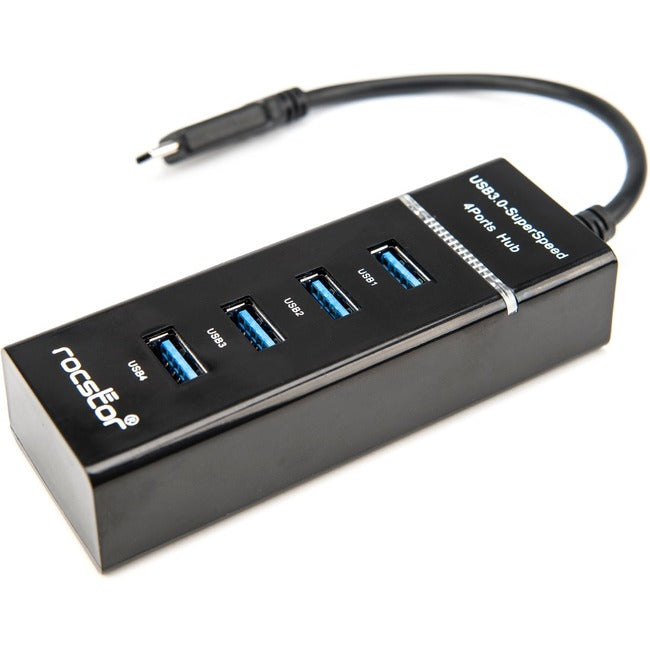 Rocstor Premium Slim Portable 4 Port Hub - USB-C to 4x USB-A Slim Hub - USB 3.0 Hub - Bus Powered - Black - USB C to USB Type-A Hub - USB Type C - External - USB-C 3.1 to 4 USB Type-A 3.0 Port(s) USB-A - Y10A228-B1