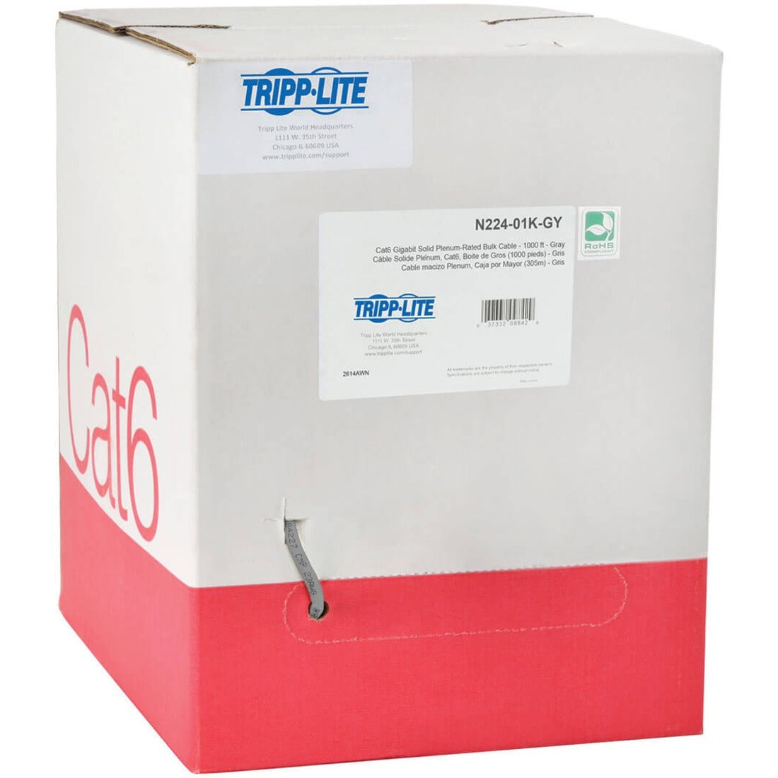 Eaton Tripp Lite Series Cat6 Gigabit Solid Core Plenum-Rated UTP CMP PVC Bulk Ethernet Cable, Gray, 1000 ft. (304.8 m) - N224-01K-GY