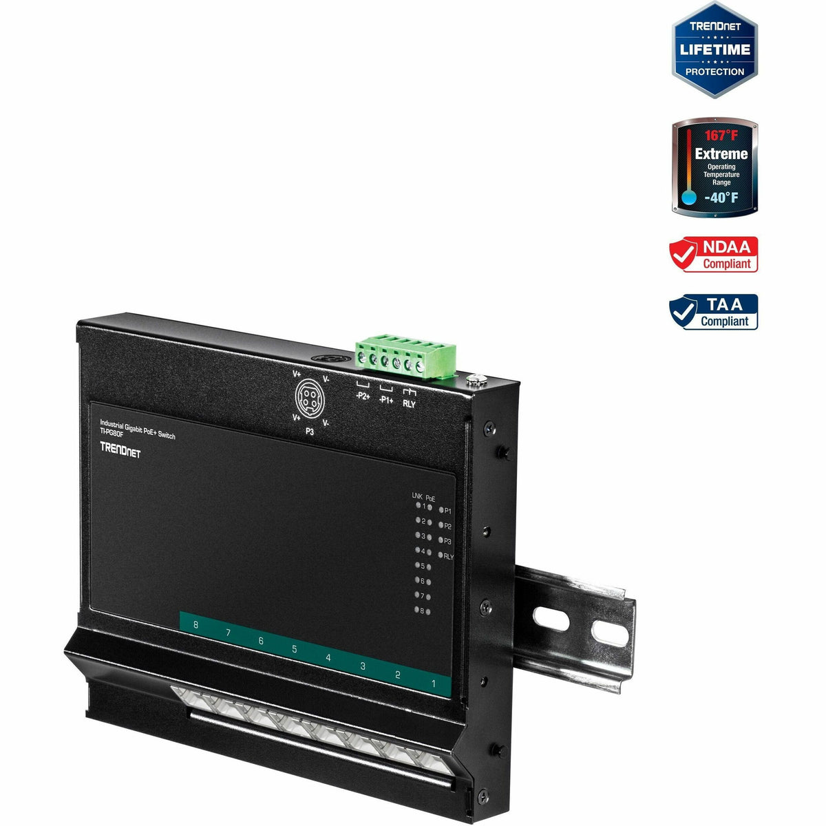 TRENDnet 8-Port Industrial Gigabit Poe+ Wall-Mounted Front Access Switch; 8X Gigabit Poe+ Ports; DIN-Rail Mount; 48 57V DC Power Input; IP30; 200W Poe Budget;Lifetime Protection; TI-PG80F - TI-PG80F