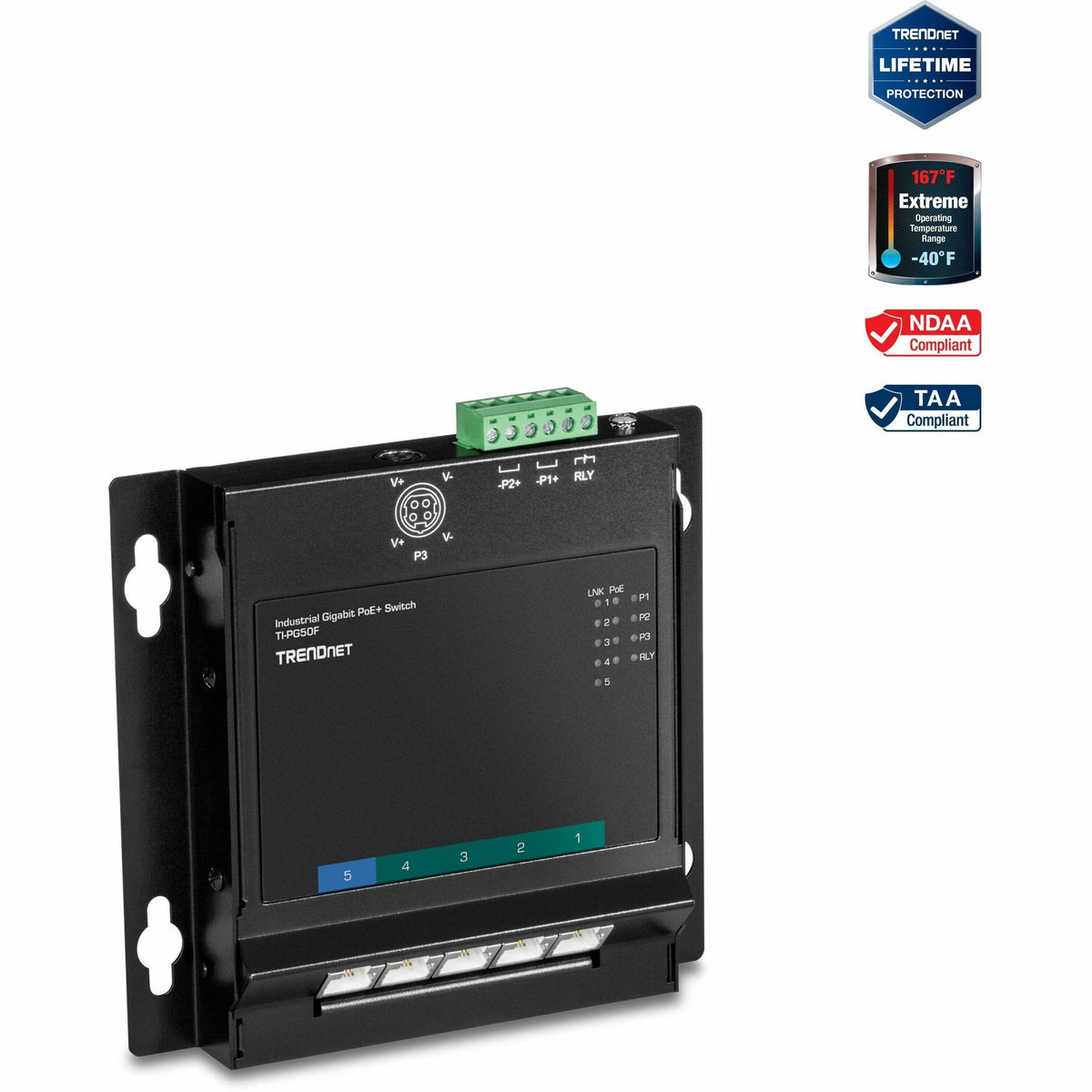 TRENDnet 5-Port Industrial Gigabit Poe+ Wall-Mounted Front Access Switch; 5X Gigabit Poe+ Ports; DIN-Rail Mount; 48 57V DC Power Input; IP30; 120W Poe Budget;Lifetime Protection; TI-PG50F - TI-PG50F