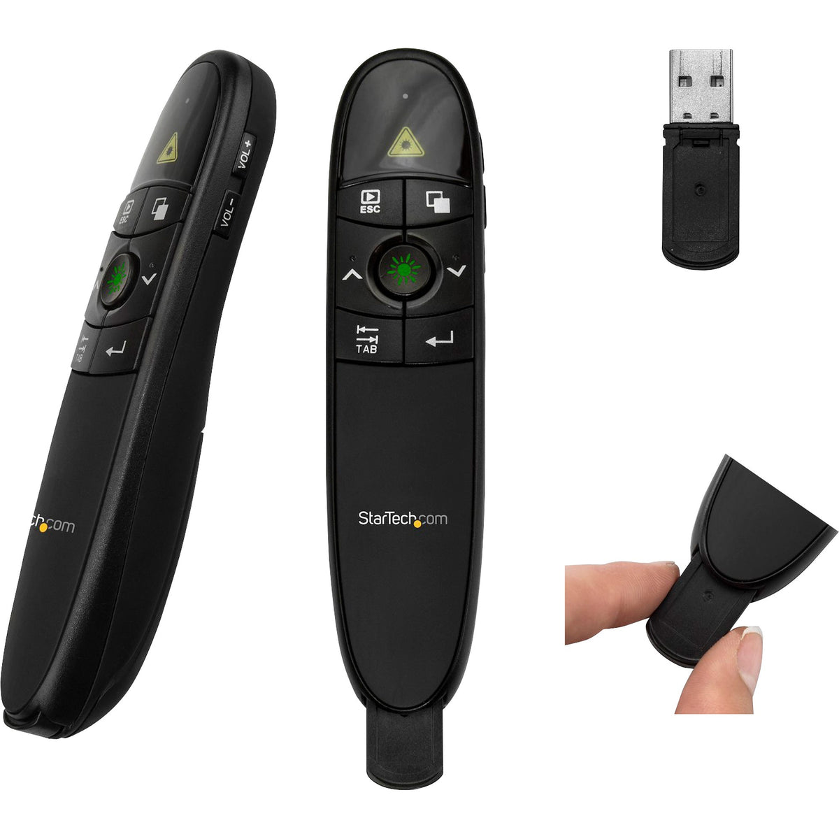 StarTech.com Wireless Presentation Remote with Green Laser Pointer - 90 ft. (27 m) - USB Presentation Clicker for Mac and Windows - Batteries Included - Wireless Slideshow and Volume Controls - PRESREMOTEG