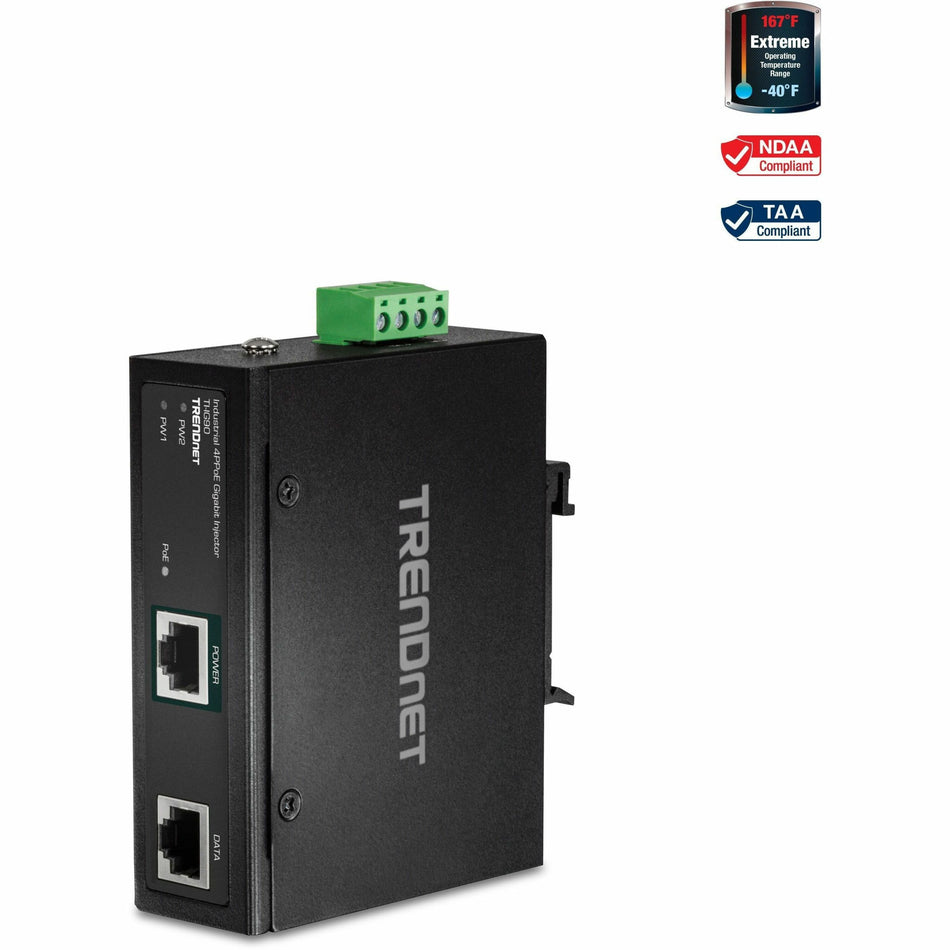 TRENDnet Hardened Industrial 90W Gigabit 4Ppoe Injector,4-Pair Power Over Ethernet, Poe(15.4W), Poe+(30W), 4Ppoe(90W)Power, IP30, DIN-Rail/Wall Mount Included, 4-Pair Poe Up to 100M (328 ft.),TI-IG90 - TI-IG90