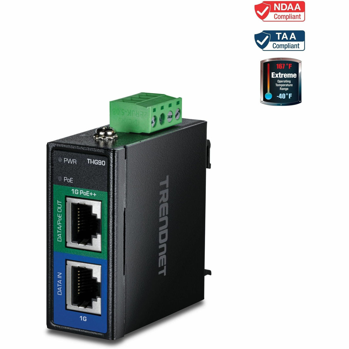 TRENDnet Industrial 95W Gigabit PoE++ Injector, TI-IG90, 1 x Gigabit Port, 1 x Gigabit PoE++ Port, Provides PoE (15.4W), PoE+ (30W), PoE++ (95W), NDAA & TAA Compliant - TI-IG90