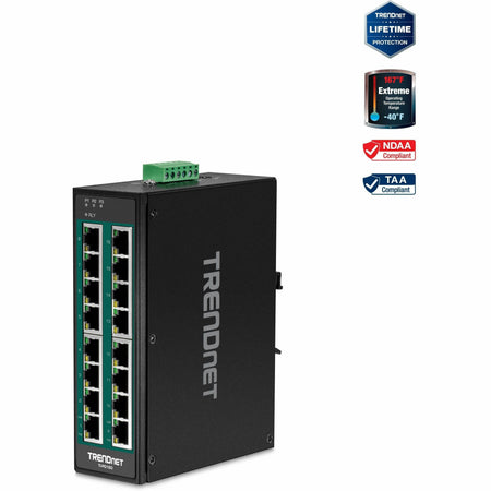 TRENDnet 16-Port Hardened Industrial Unmanaged Gigabit 10/100/1000Mbps DIN-Rail Switch w/ 16 Gigabit PoE+ Ports; Lifetime Protection; TI-PG160 - TI-PG160