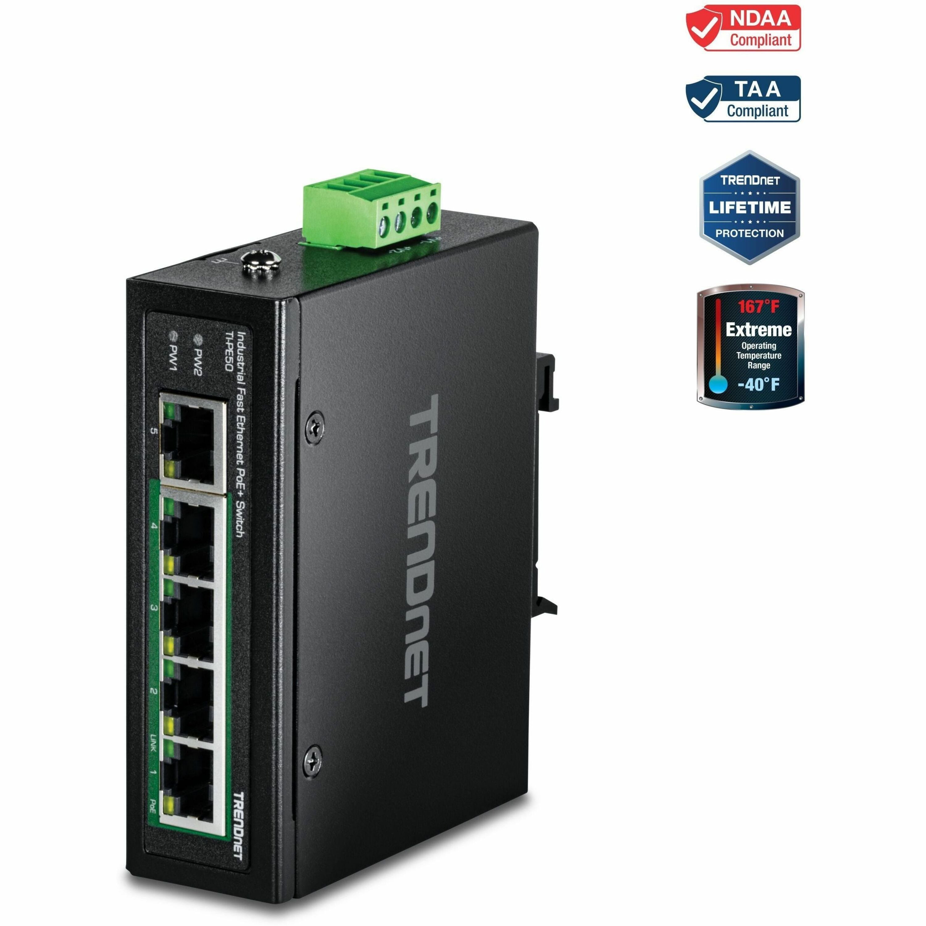 TRENDnet 5-Port Industrial Fast Ethernet DIN-Rail Switch, TI-PE50, Ethernet Splitter, NDAA & TAA Compliant, 90W, DIN-Rail, IP30 Rated, Lifetime Protection, Black - TI-PE50