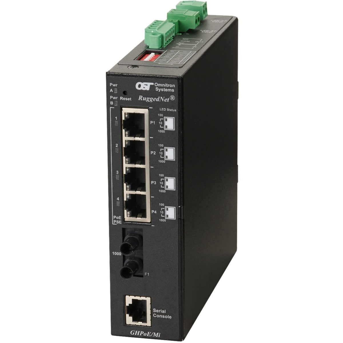 Omnitron Systems RuggedNet Managed Industrial Gigabit High Power 60W PoE, MM ST, RJ-45, Ethernet Fiber Switch - 3300-0-14-2Z