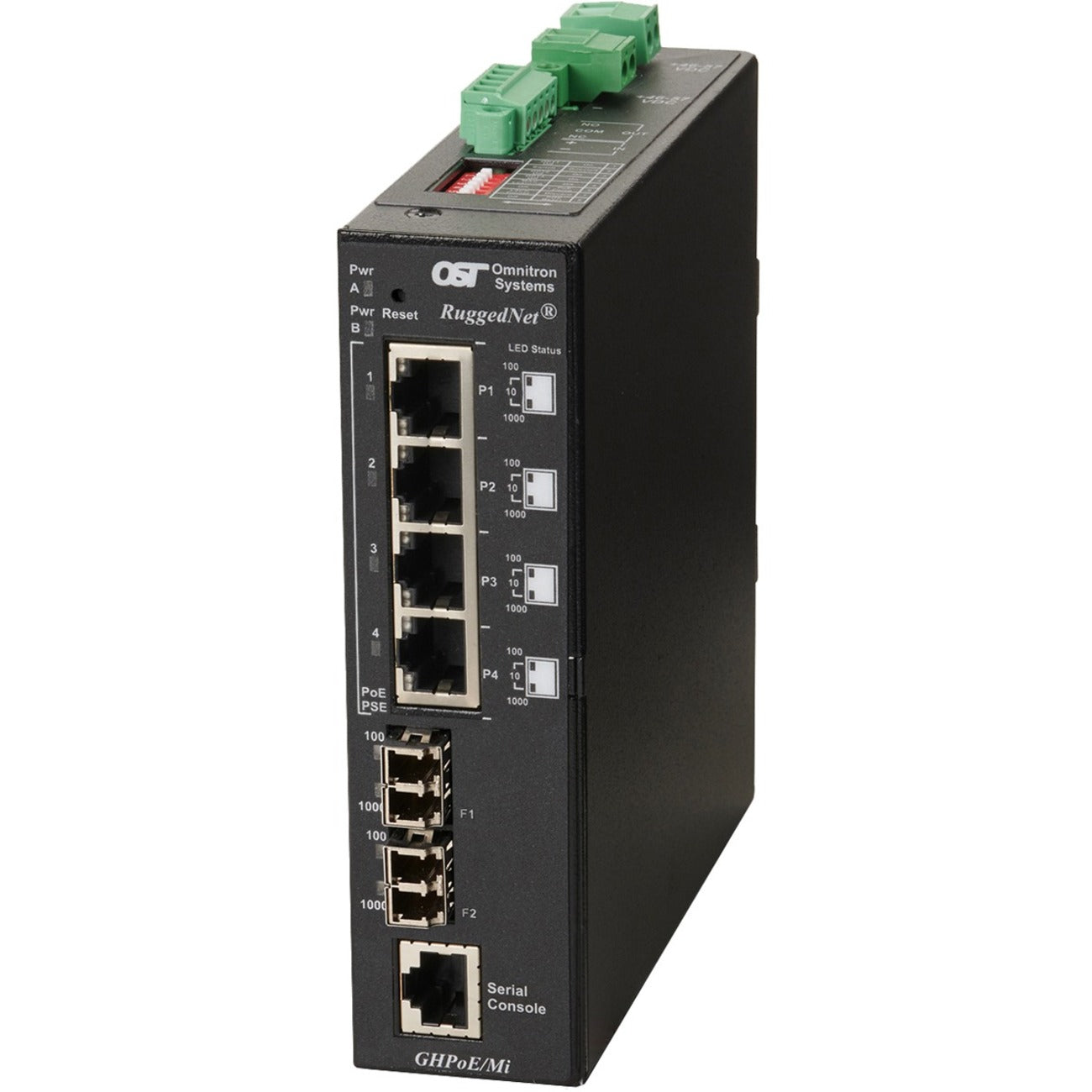 Omnitron Systems RuggedNet Managed Industrial Gigabit High Power 60W PoE, 2xSM LC, RJ-45, Ethernet Fiber Switch - 3307-1-24-2Z