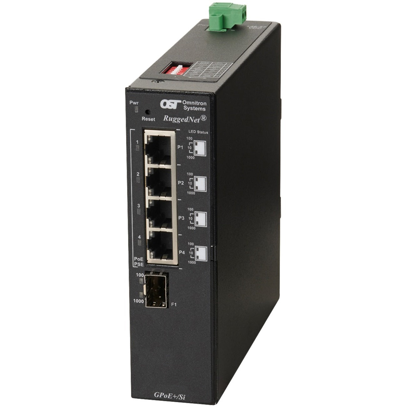 Omnitron Systems RuggedNet Unmanaged Industrial Gigabit PoE+, SFP, RJ-45, Ethernet Fiber Switch - 9579-0-14-1Z