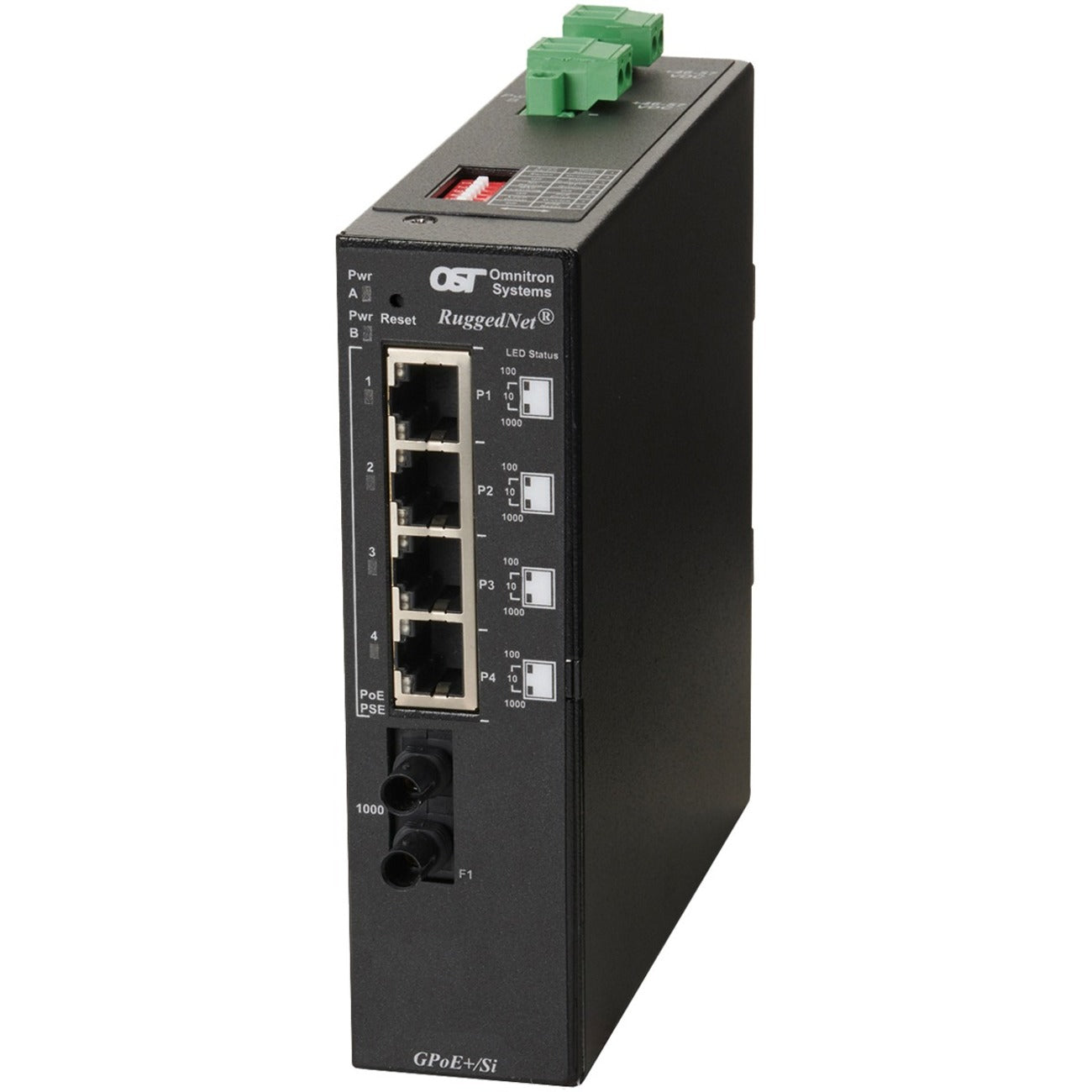 Omnitron Systems RuggedNet Unmanaged Industrial Gigabit PoE+, SM ST, RJ-45, Ethernet Fiber Switch - 9561-1-14-2Z