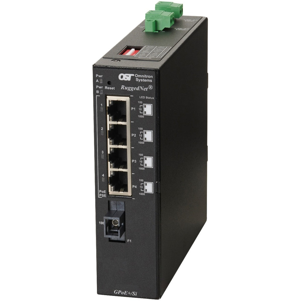 Omnitron Systems RuggedNet Unmanaged Industrial Gigabit PoE+, SM SC SF, RJ-45, Ethernet Fiber Switch - 9570-1-14-2Z