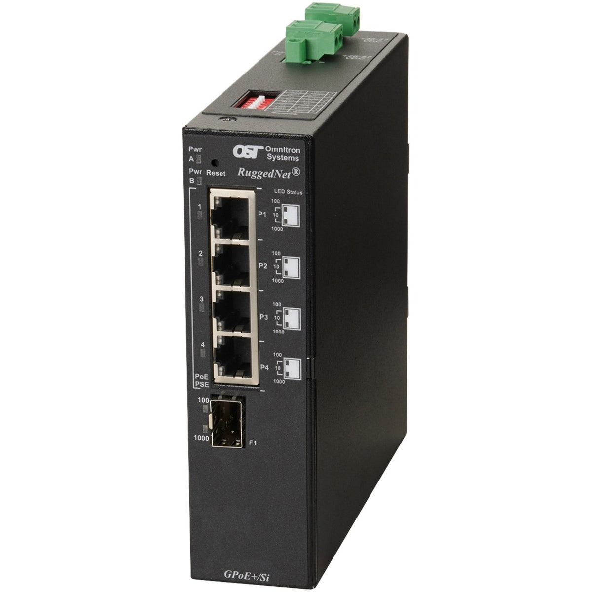 Omnitron Systems RuggedNet Unmanaged Industrial Gigabit PoE+, SFP, RJ-45, Ethernet Fiber Switch - 9579-0-14-2Z