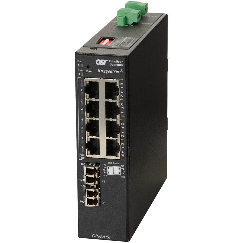 Omnitron Systems RuggedNet Unmanaged Industrial Gigabit PoE+, 2xSM LC, RJ-45, Ethernet Fiber Switch - 9567-1-28-2Z