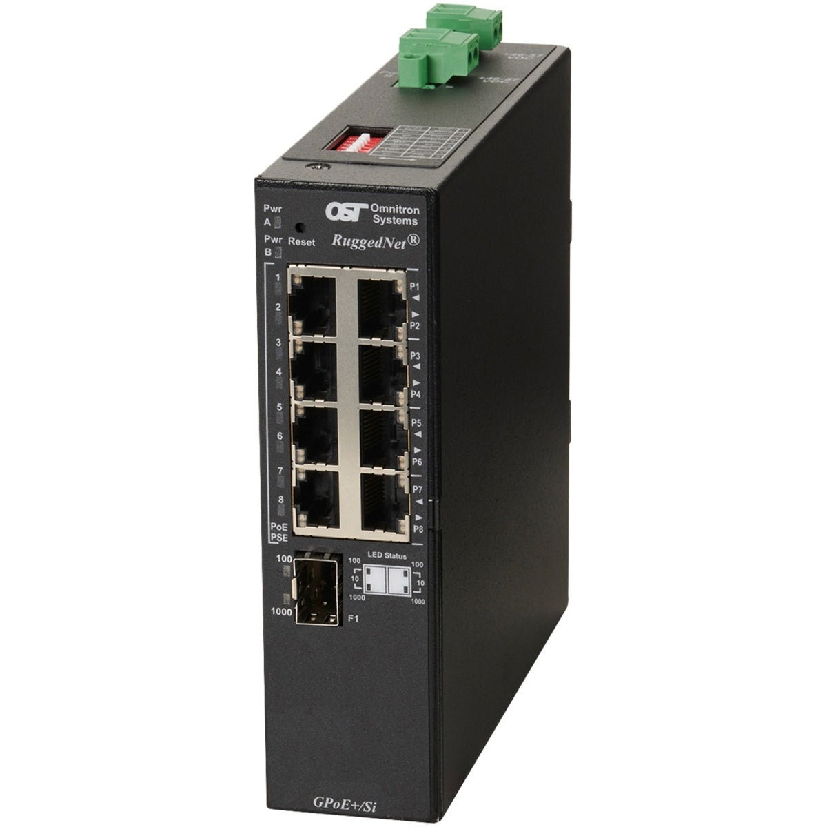 Omnitron Systems RuggedNet Unmanaged Industrial Gigabit PoE+, SFP, RJ-45, Ethernet Fiber Switch - 9579-0-18-2Z