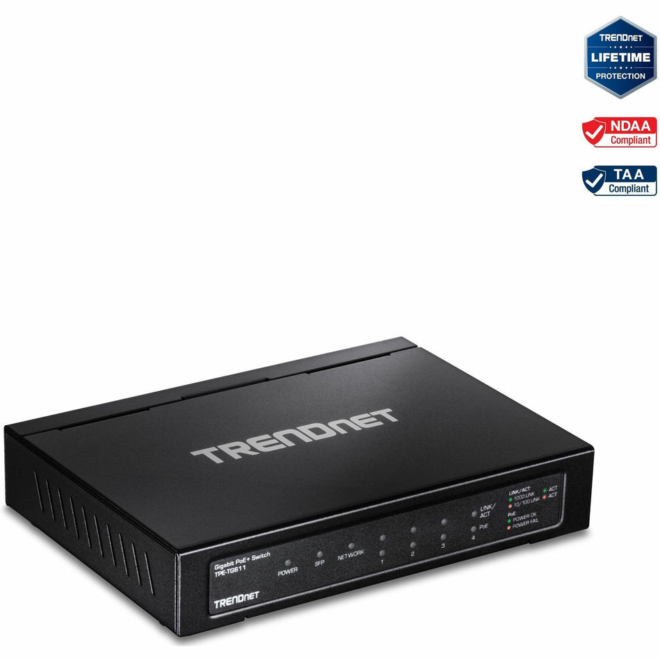 TRENDnet 6-port Gigabit Poe+ Switch; TPE-TG611; 4 X Gigabit Poe+ Ports; 1 X Gigabit Port; 1 X SFP Slot; Supports 100/1000Base-FX Fiber SFP Modules; Ethernet Desktop Network Switch; Lifetime Protection - TPE-TG611