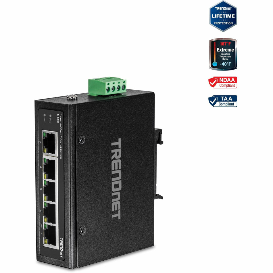 TRENDnet 5-Port Industrial Unmanaged Fast Ethernet DIN-Rail Switch, 5 x Fast Ethernet Ports, IP30, Operating Temperature Range of (- 40 - 75 &deg;C (- 40 - 167 &deg;F), Lifetime Protection, Black, TI-E50 - TI-E50