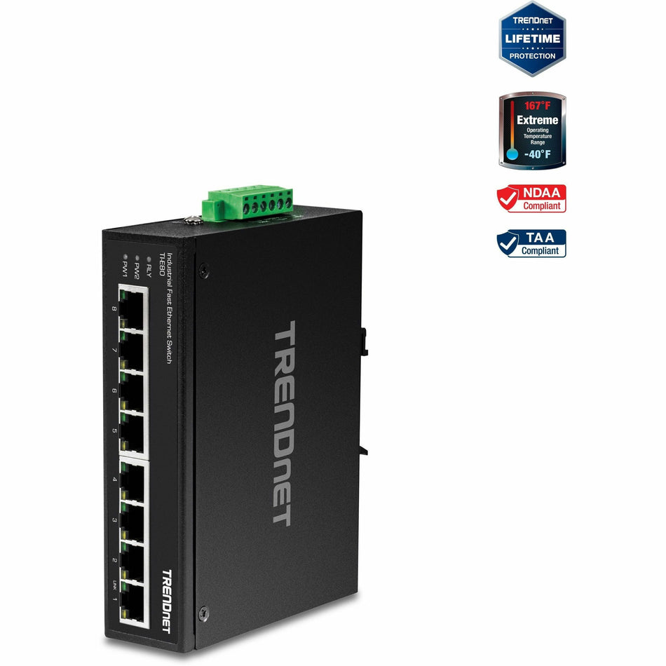 TRENDnet 8-Port Industrial Unmanaged Fast Ethernet DIN-Rail Switch; TI-E80 8 x Fast Ethernet Ports; 1.6Gbps Switching Capacity;8 Port Network Fast Ethernet Switch;IP30 Metal Switch;Lifetime Protection - TI-E80
