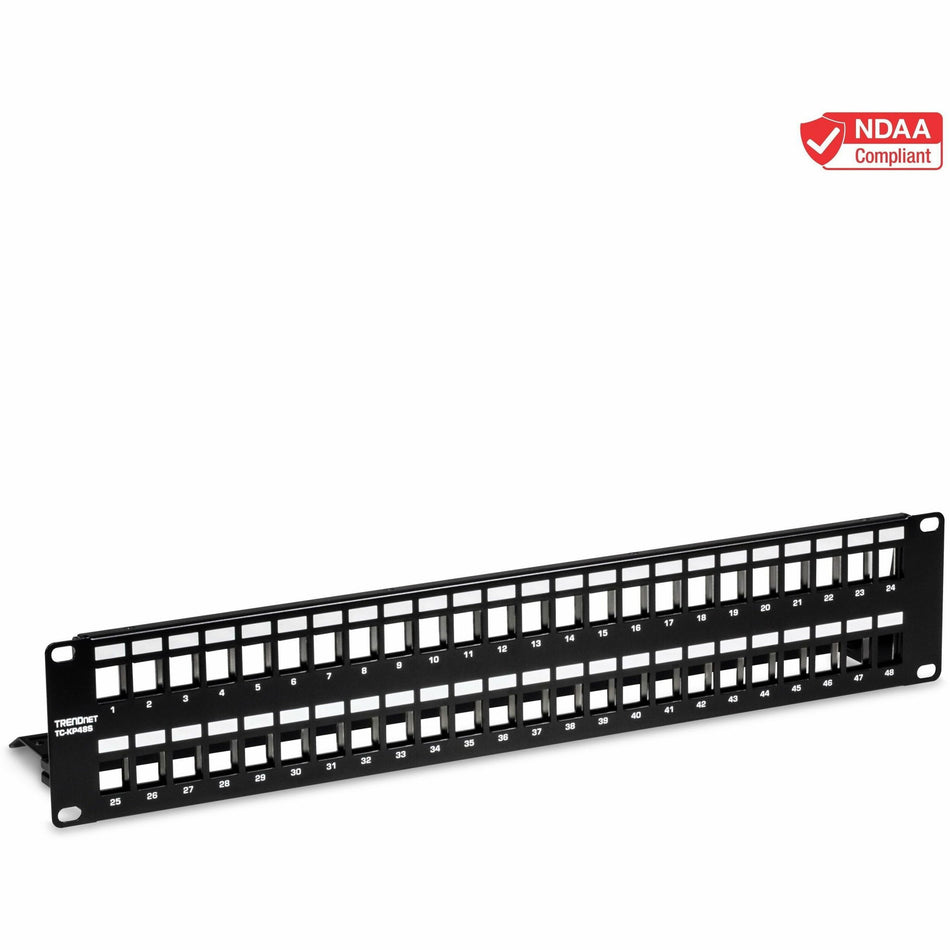 TRENDnet 48-Port Blank Keystone Shielded 2U HD Patch Panel, TC-KP48S, 2U 19" Metal Rackmount Housing, Network Management Panel, Recommended with TC-K06C6A Cat6A Keystone Jacks (sold separately) - TC-KP48S
