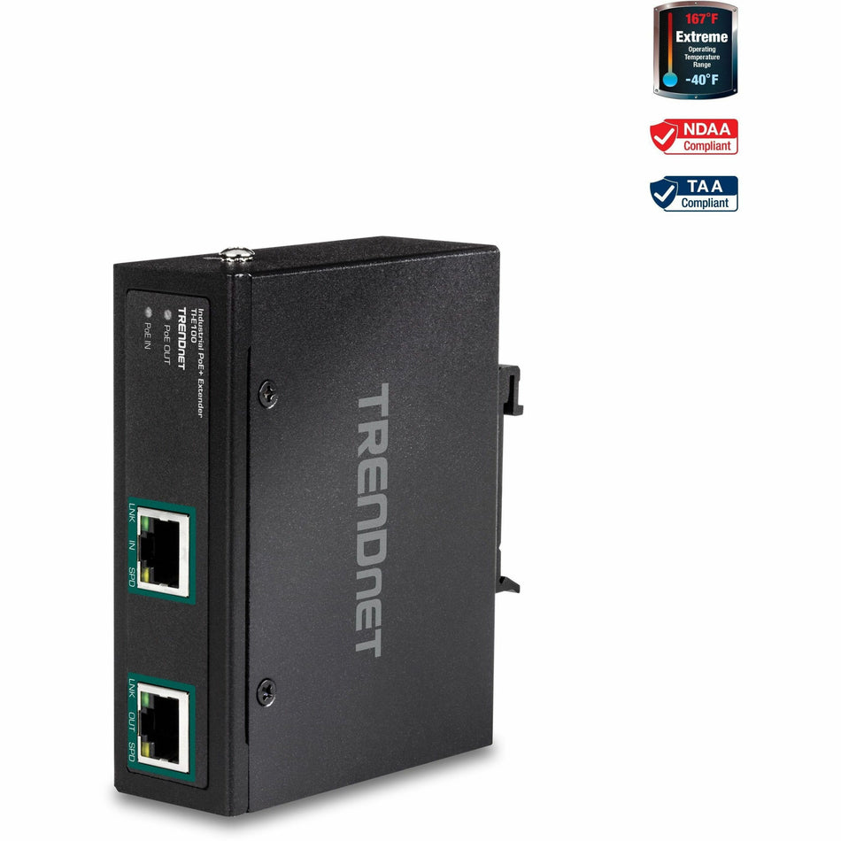 TRENDnet Industrial Gigabit PoE+ Extender, TI-E100, Single Port PoE, Power Over Ethernet, Supports PoE (15.4W) and PoE+ (30W), Extends 100m, Cascade 2 Units for Distance Up to 300m (984 ft.), IP30 - TI-E100