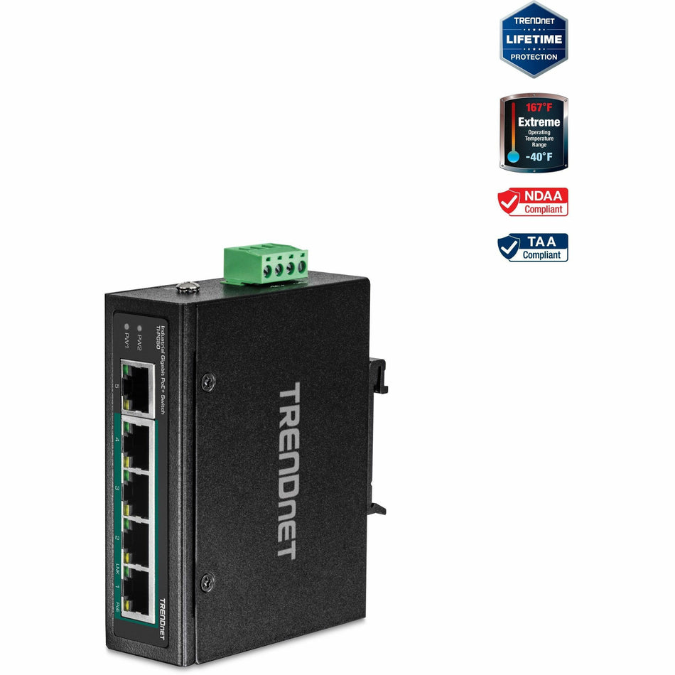 TRENDnet 5-Port Hardened Industrial Unmanaged Gigabit Switch; TI-PG50; 10/100/1000Mbps; DIN-Rail Switch; 4 x Gigabit PoE+ Ports; 1 x Gigabit Port; Gigabit Ethernet Network Switch; Lifetime Protection - TI-PG50