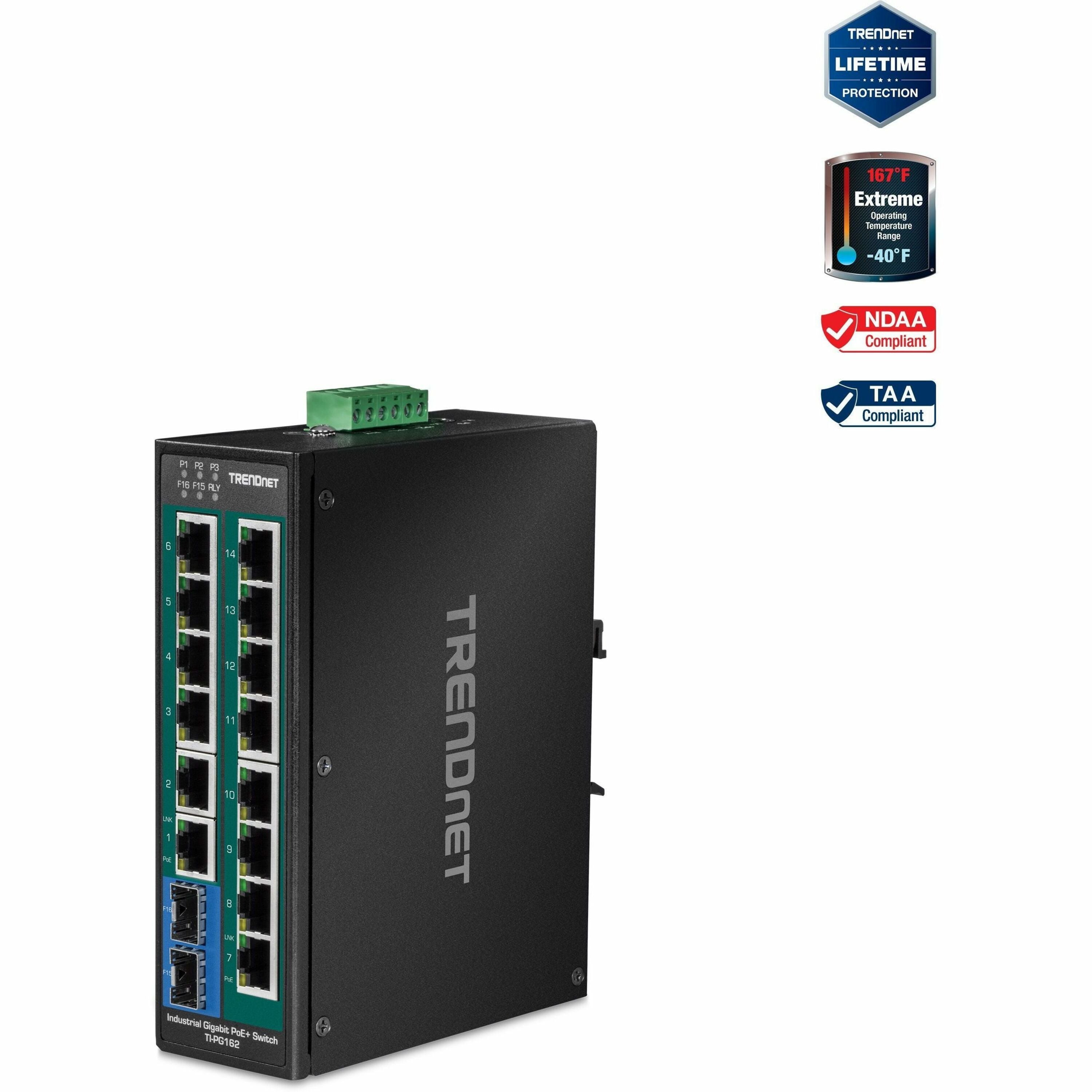 TRENDnet 16-Port Hardened Industrial Unmanaged Gigabit PoE+ DIN-Rail Switch; TI-PG162; 14 x Gigabit Ports; 2 x Gigabit SFP Slots; 32Gbps; IP30 Gigabit Network Ethernet Switch; Lifetime Protection - TI-PG162