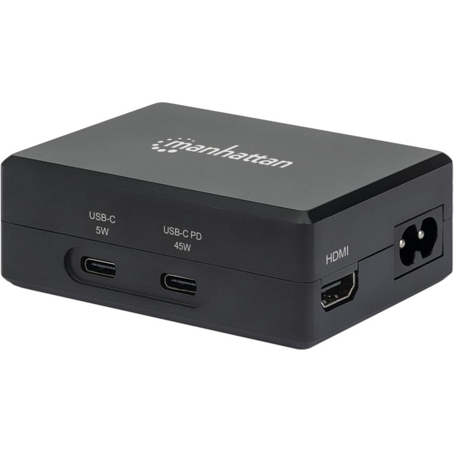 Manhattan Smart Video Multiport Dock, Ports (x5): HDMI Port, USB-A (x2), USB-C (x2), With Power Delivery to USB-C Port, Internal Power Supply, Ultra-Compact, Detachable Power Cable, Black, Three Year Warranty, Retail Box - 130554