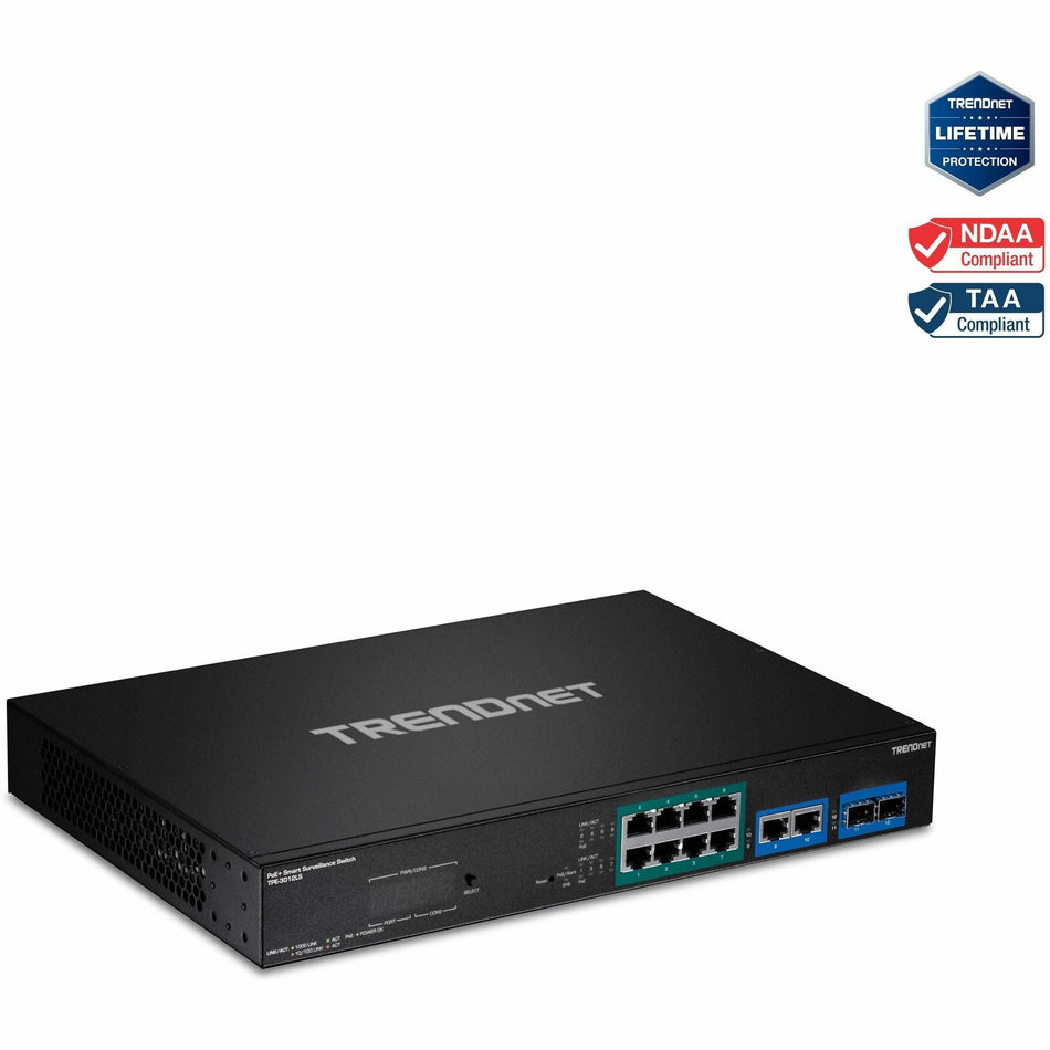 TRENDnet 12-Port Gigabit PoE+ Smart Surveillance Switch with 8 x Gigabit PoE+ Ports; TPE-3012LS; 2 x Gigabit Ports; 2 x SFP Slots; 110W PoE Budget; Long Range PoE+; VLAN; QoS; LACP; ONVIF - TPE-3012LS