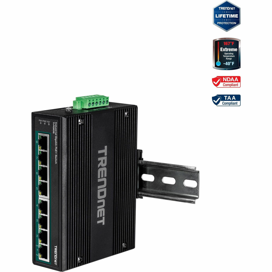 TRENDnet 8-Port Hardened Industrial Unmanaged Gigabit 10/100/1000Mbps DIN-Rail Switch w/ 8 x Gigabit PoE+ Ports; TI-PG80B; 24 ? 56V DC Power inputs with Overload Protection - TI-PG80B