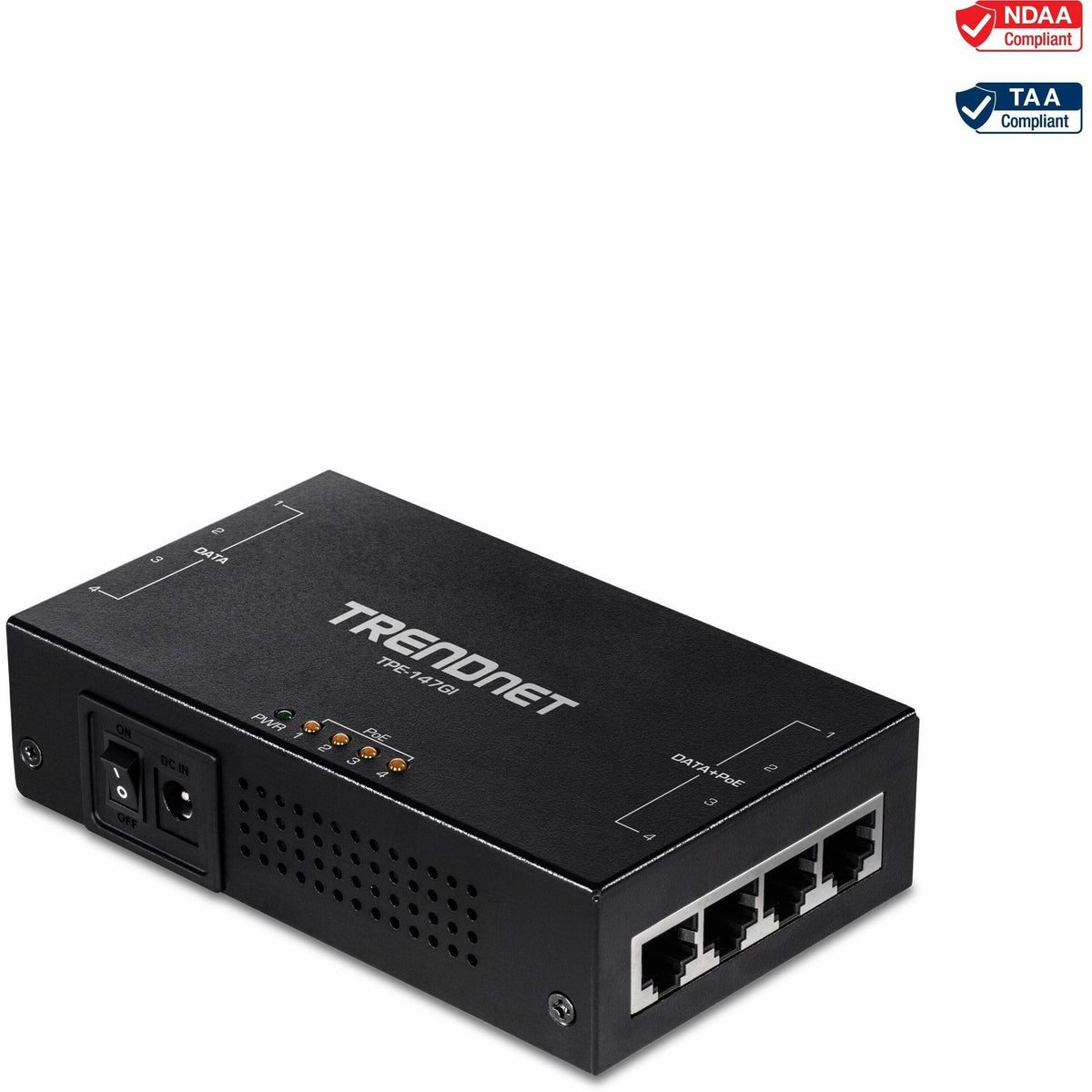 TRENDnet 65W 4-Port Gigabit PoE+ Injector, TPE-147GI, 4 x Gigabit Ports(Data in), 4 x gigabit PoE Ports(Data + PoE Out), Multi-Port PoE+ Injector up to 100m(328 ft.), Add PoE+ Power to Non-PoE Switch - TPE-147GI