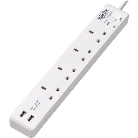 Tripp Lite by Eaton 4-Outlet Power Strip with USB-A Charging - BS1363A Outlets, 220-250V, 13A, 1.8 m Cord, BS1363A Plug, White - PS4B18USBW