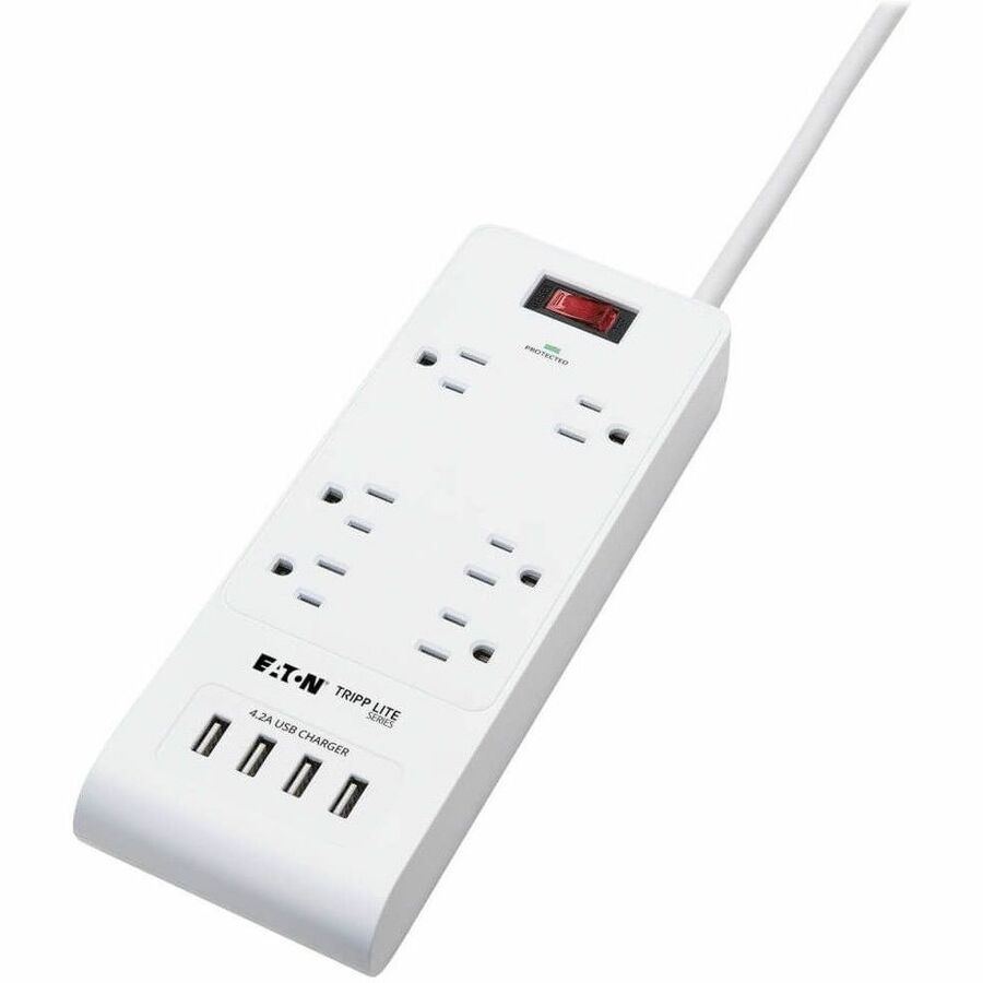 Eaton Tripp Lite Series 6-Outlet Surge Protector with 4 USB Ports (4.2A Shared) - 15 ft. (4.57 m) Cord, 5-15P Plug, 900 Joules, White - TLP64USBRA15