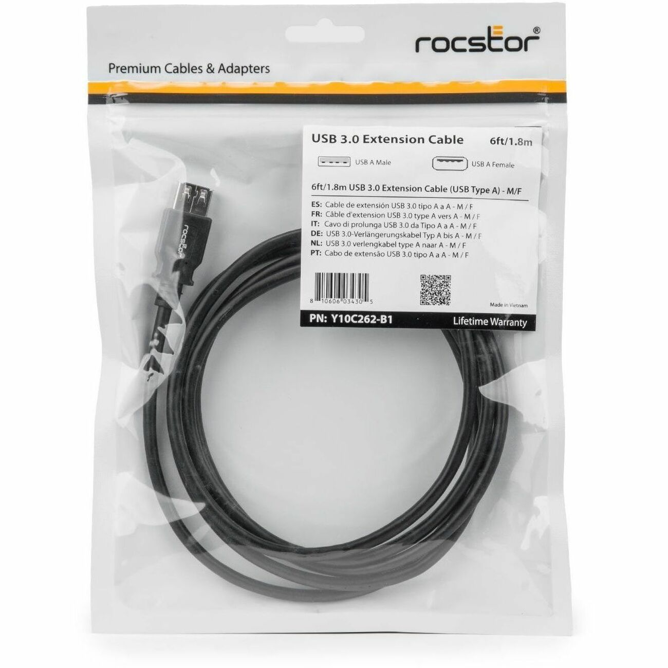 Rocstor USB Data Transfer Cable - 6 ft USB Data Transfer Cable - Type A Female USB - Type A Male USB - Extension Cable - Black - 1 6FT 1.83M F/M BLACK - Y10C262-B1