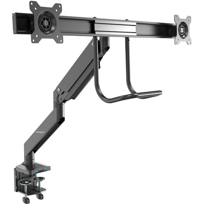 StarTech.com Desk Mount Dual Monitor Arm with USB & Audio, Slim Dual Monitor VESA Mount up to 32" (17.6lb/8kg) Displays, C-Clamp/Grommet - ARMSLIMDUAL2USB3